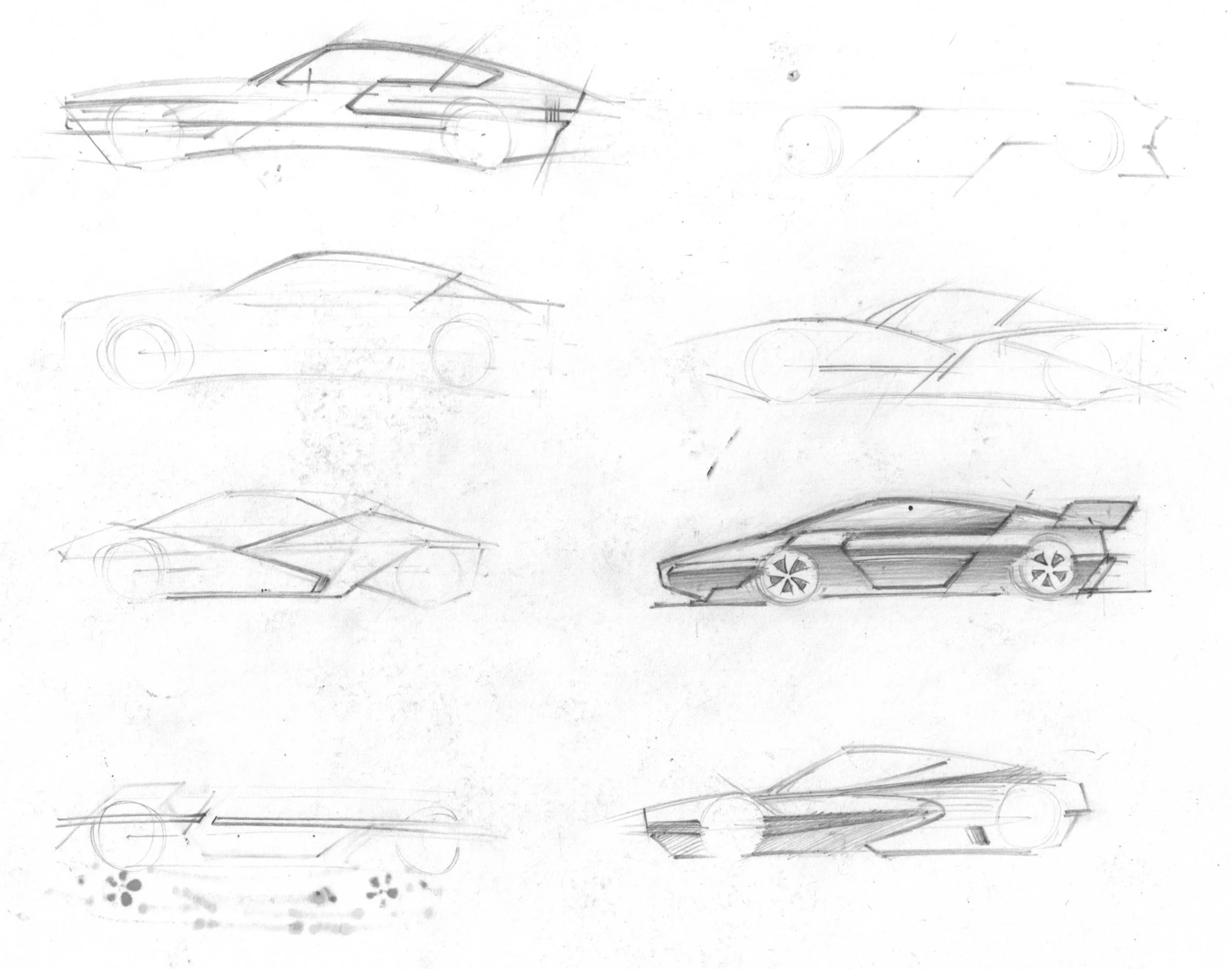 Collection of nine hand-drawn car sketches in various styles and angles on white paper.