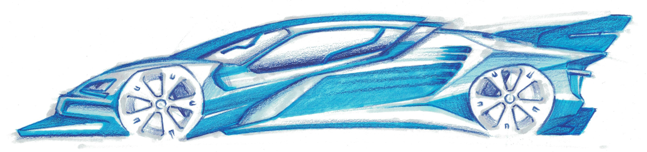 A blue futuristic sports car sketch with sharp, angular features and large wheels.