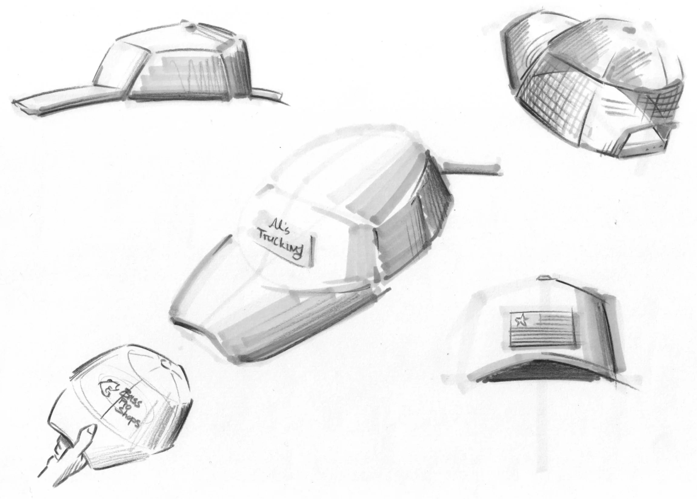 Black and white sketches of various truck cabins, including front and side views, and a hand pointing to a logo that says 'SAS Trucking' with an American flag and star symbol.