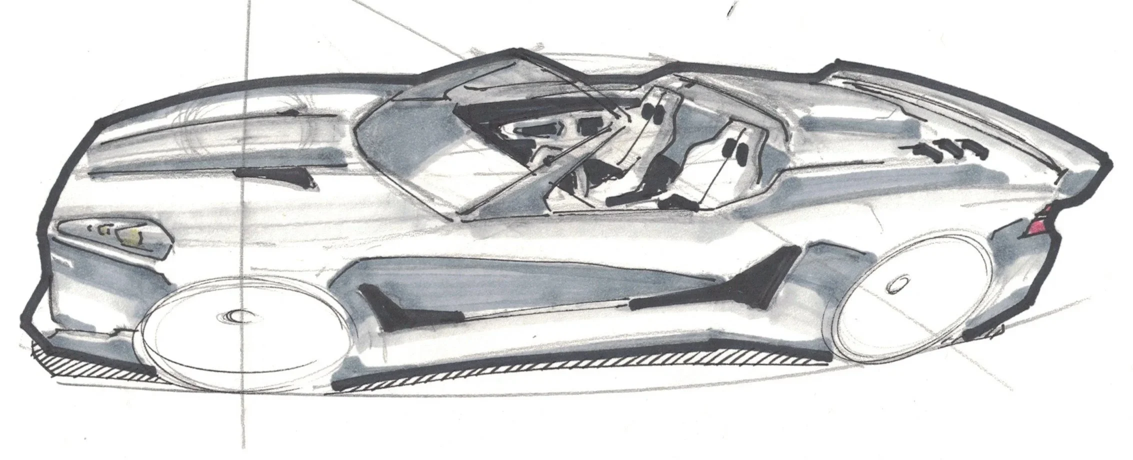 Sketch of a sleek, futuristic sports car with an open cockpit, textured in shades of gray and black, showcasing detailed wheels and aerodynamic body design.