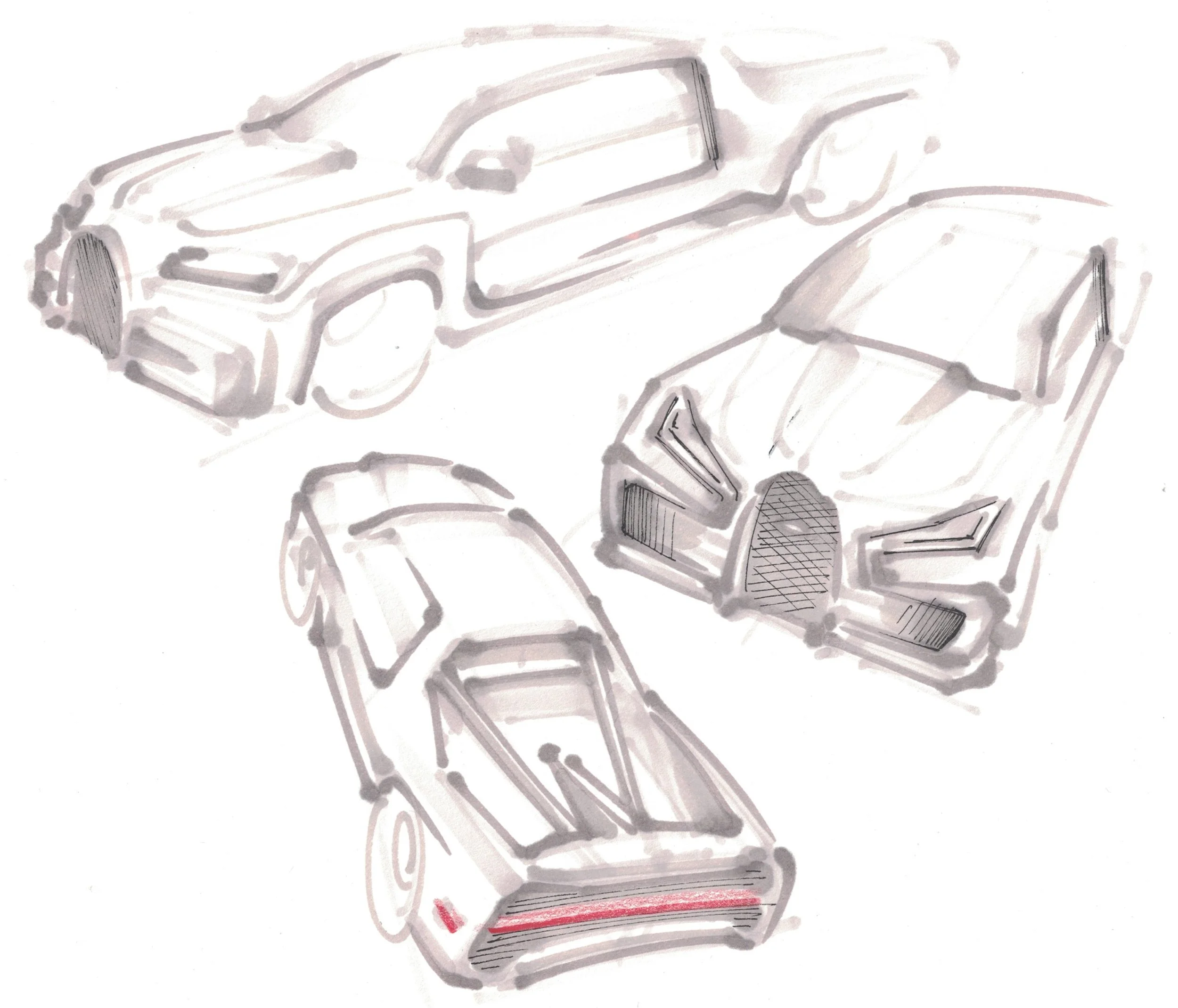 Sketch of three futuristic cars with sleek designs, one with a prominent front grille, and another with a low profile, all rendered in gray tones.