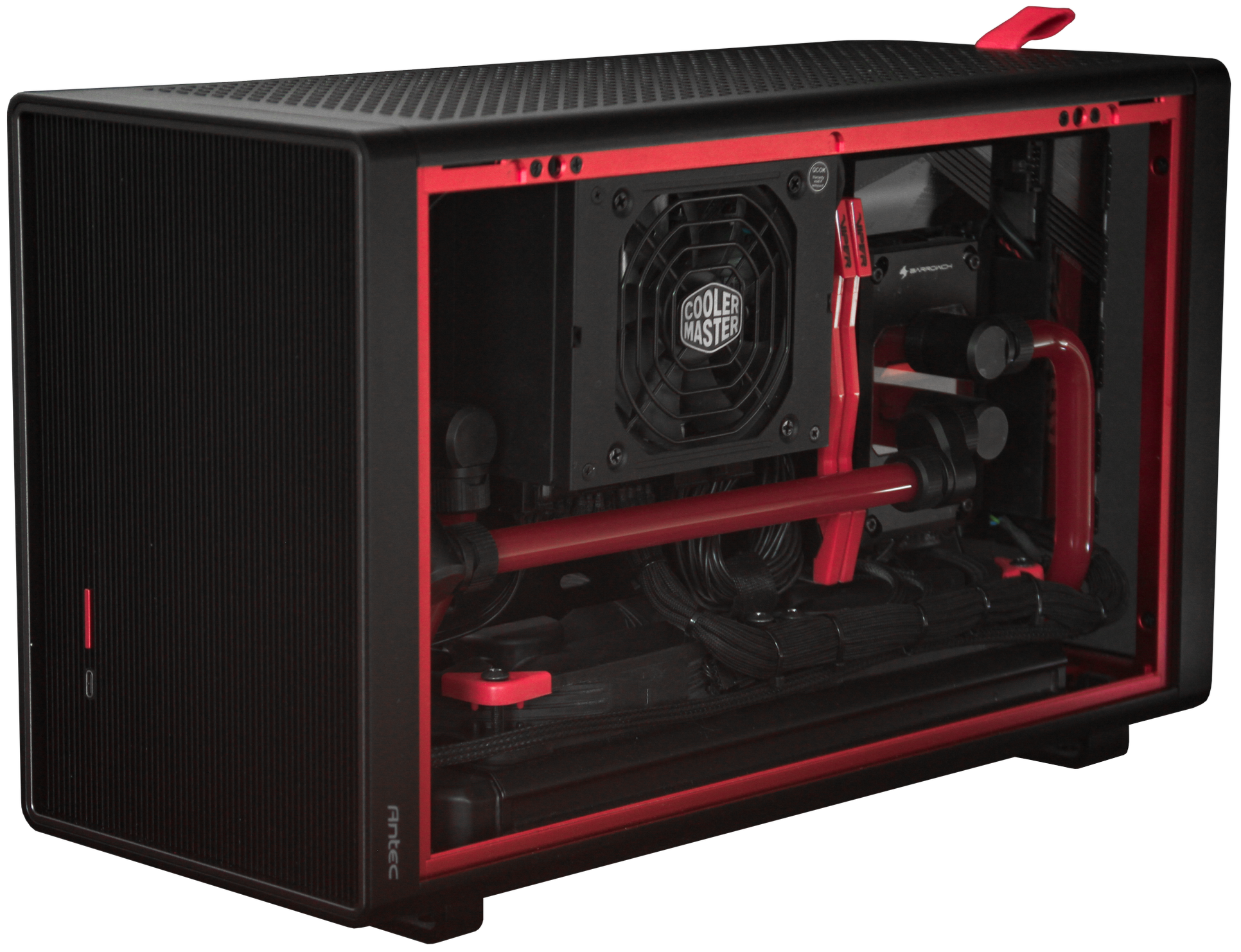 Custom liquid cooling computer case with water cooling tubes, a Cooler Master radiator fan, and black and red components.