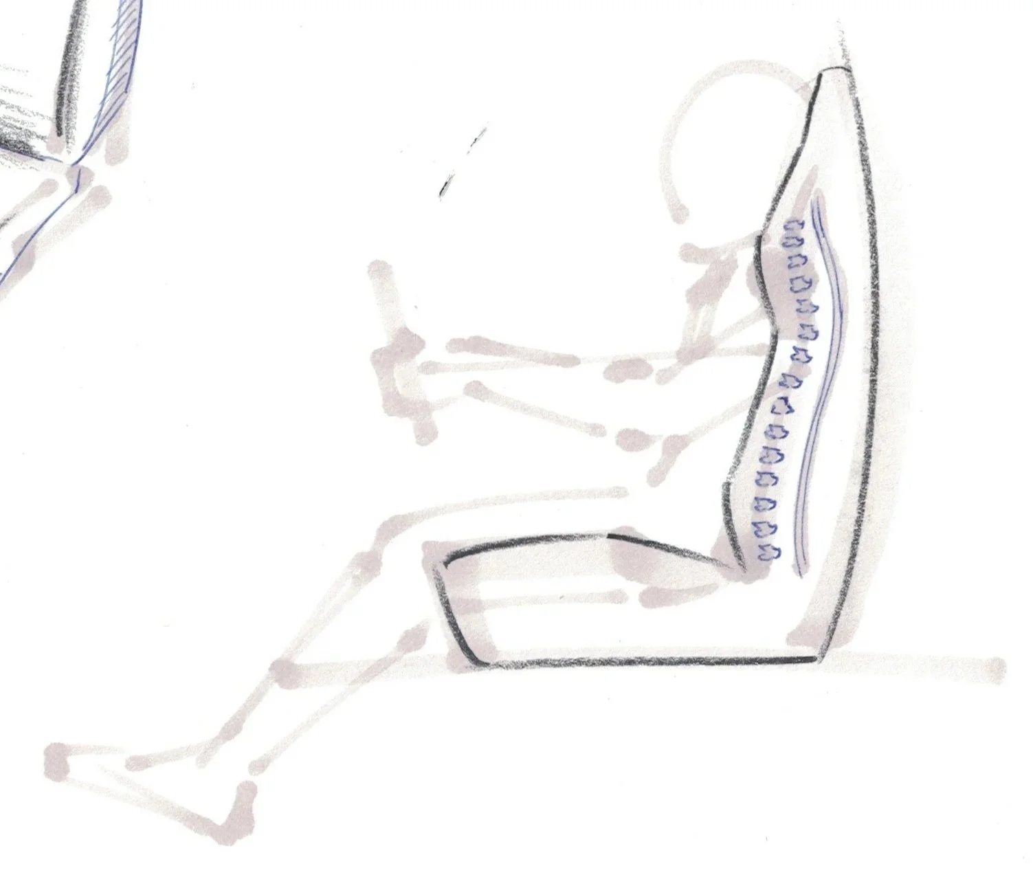 A simple sketch of a skeletal human figure sitting at a desk with an open blue notebook and a coffee mug on the desk.