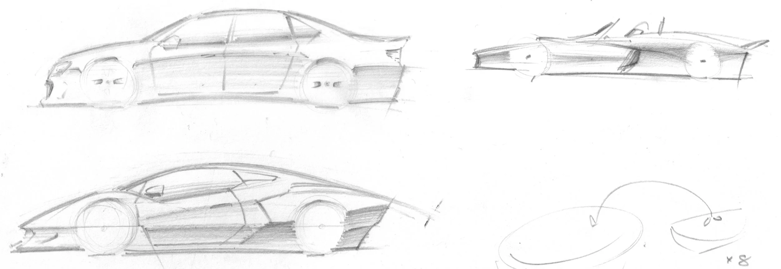 Sketches of a sports car seen from side, front, and top views, with some design notes and circles.