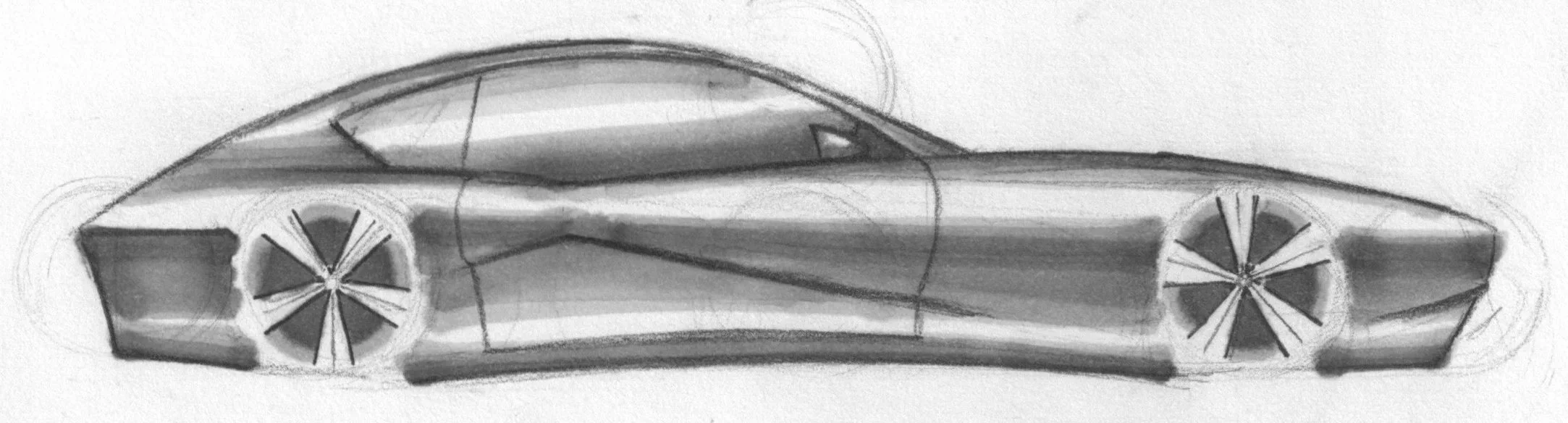 A black and white sketch of a modern, sleek sports car viewed from the side.