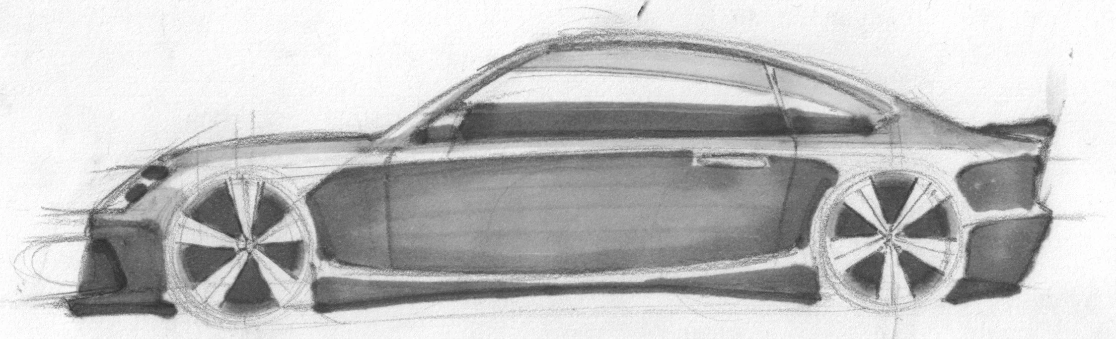 Sketch of a modern sports car with sleek design, large wheels, and aerodynamic features.