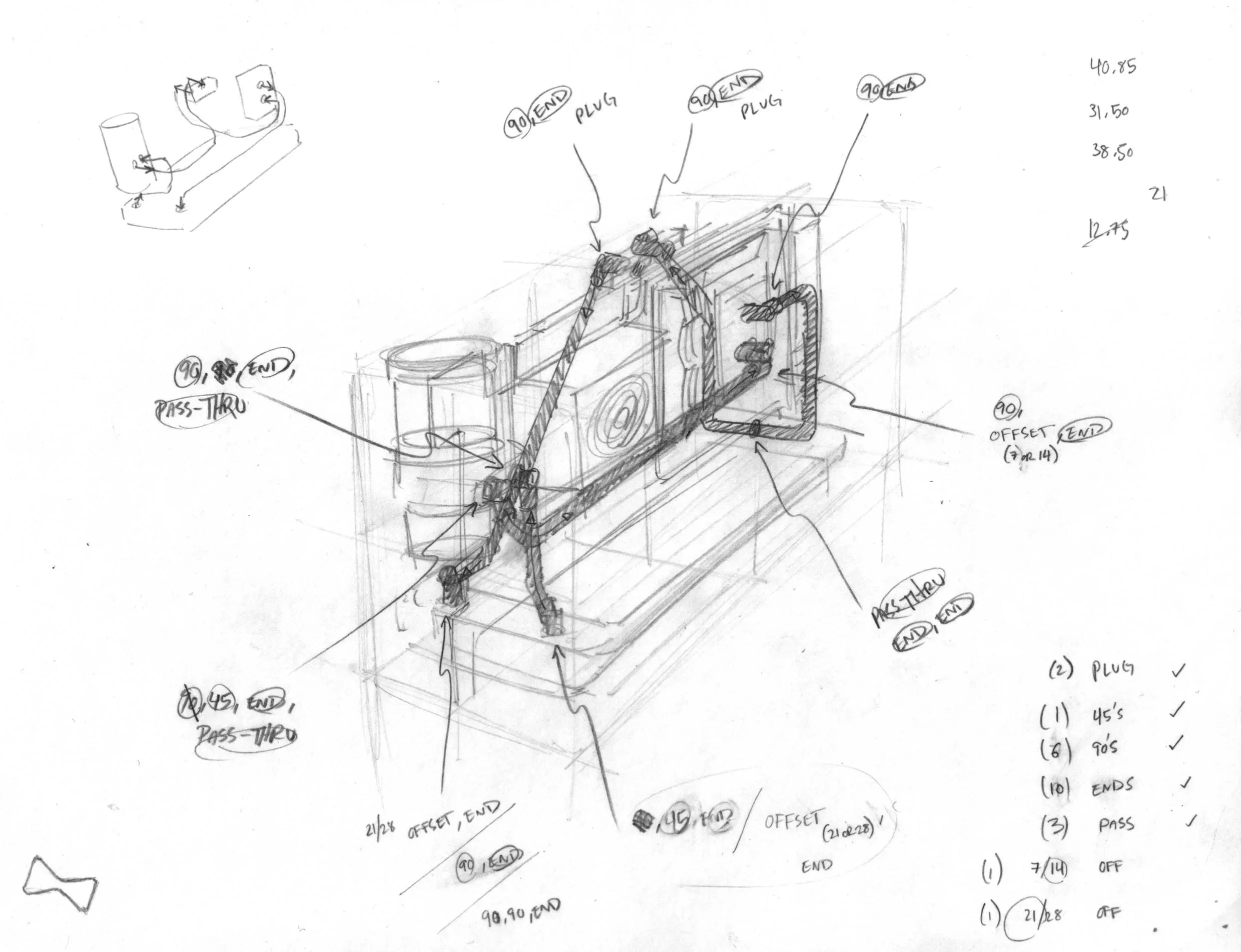 Sketch of an electronic circuit with wires, connectors, and annotations for parts like plug, pass-thru, and offset, with measurements and notes.
