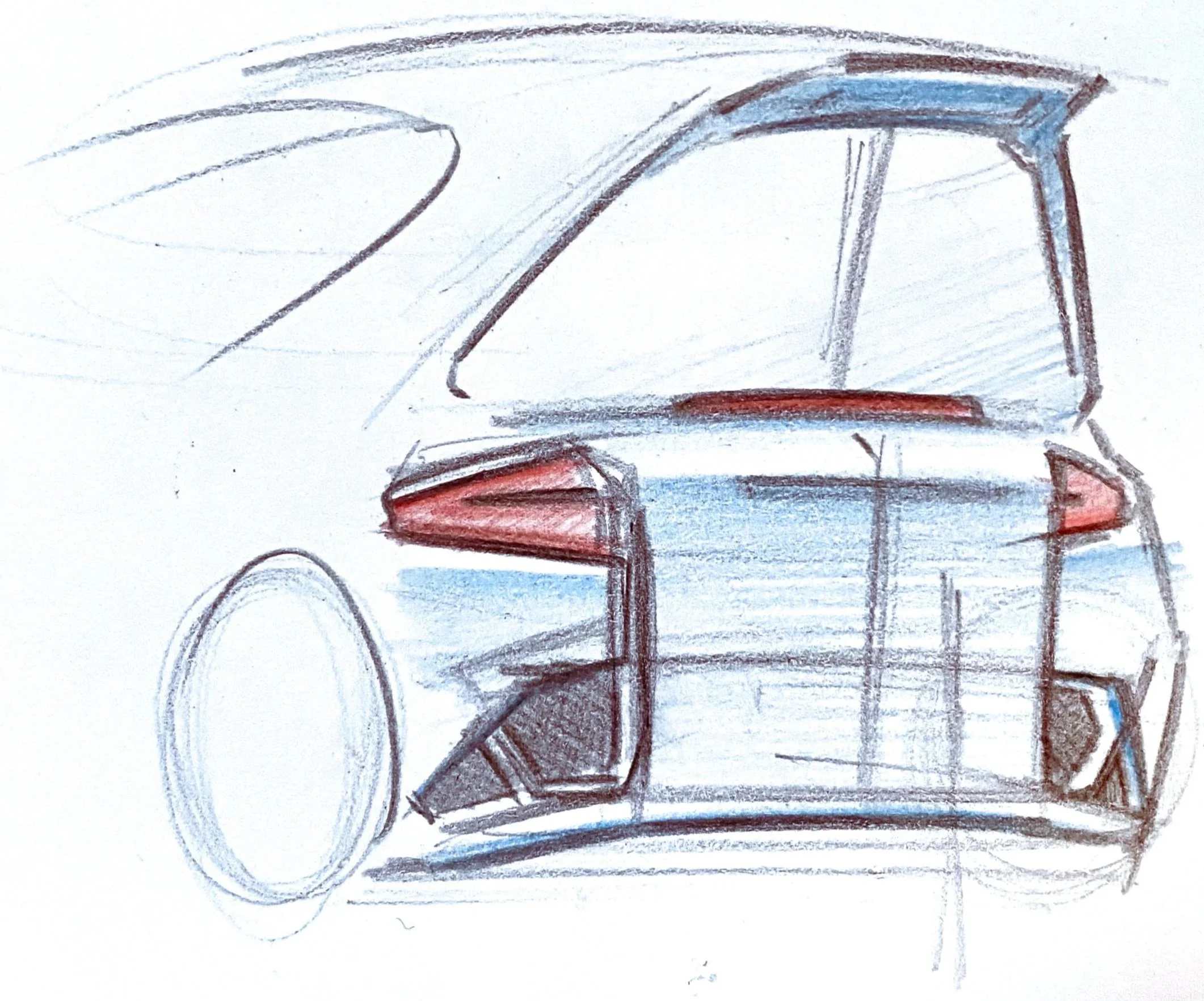 A hand-drawn sketch of a small car, with prominent front and rear headlights, detailed with black outlines and colored red and blue accents.