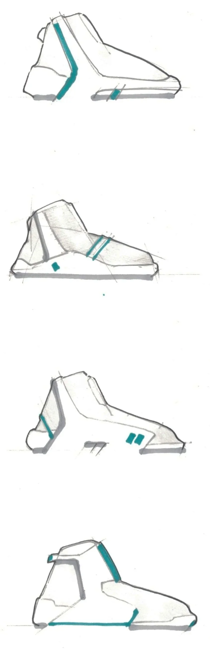 Sketches of a modern sneaker design from multiple angles, highlighting structural features and details.