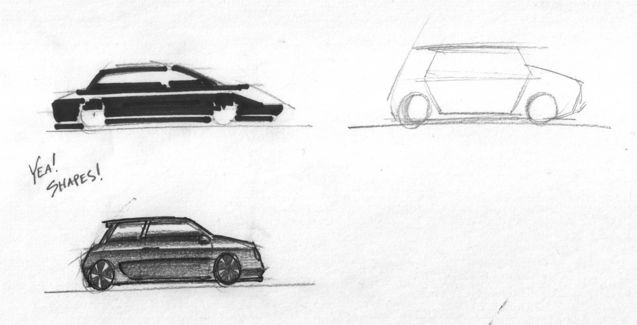 Three hand-drawn sketches of cars in different styles and designs, with one sketch labeled "Yea! Shapes!"