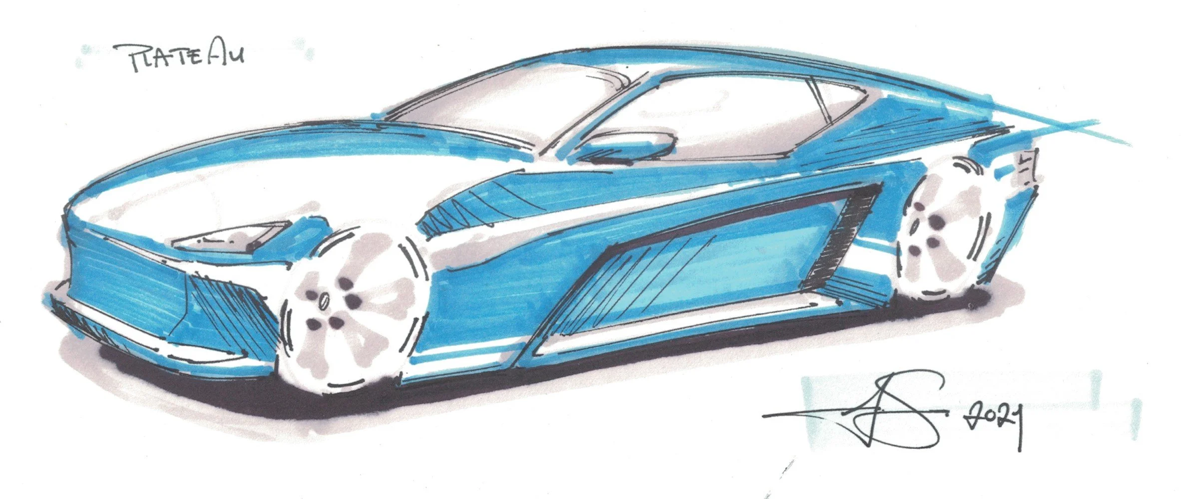 Sketch of a blue sports car with a modern design, labeled 'Prototype,' signed and dated 2021.