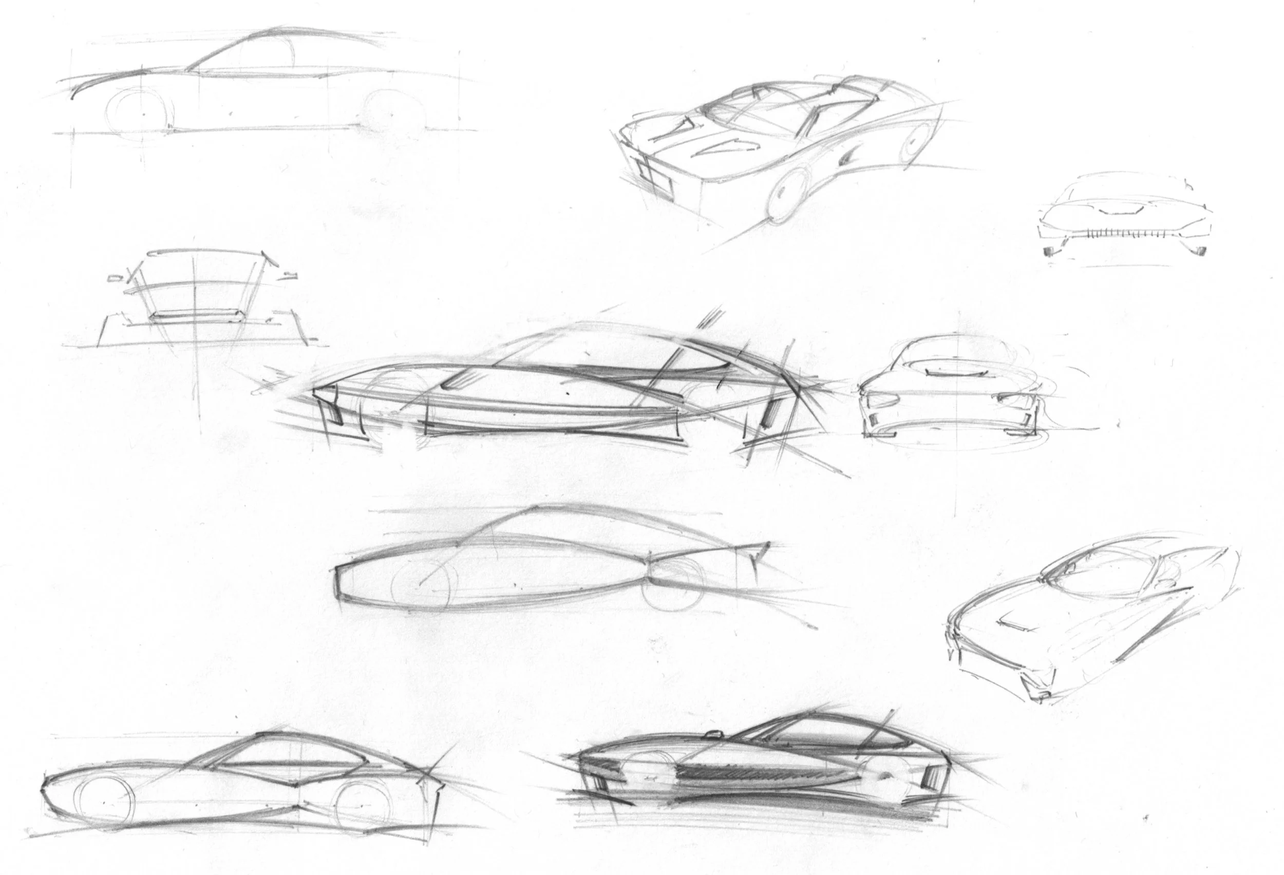 Sketches of various sports cars from different angles, including side, front, rear, and top views.