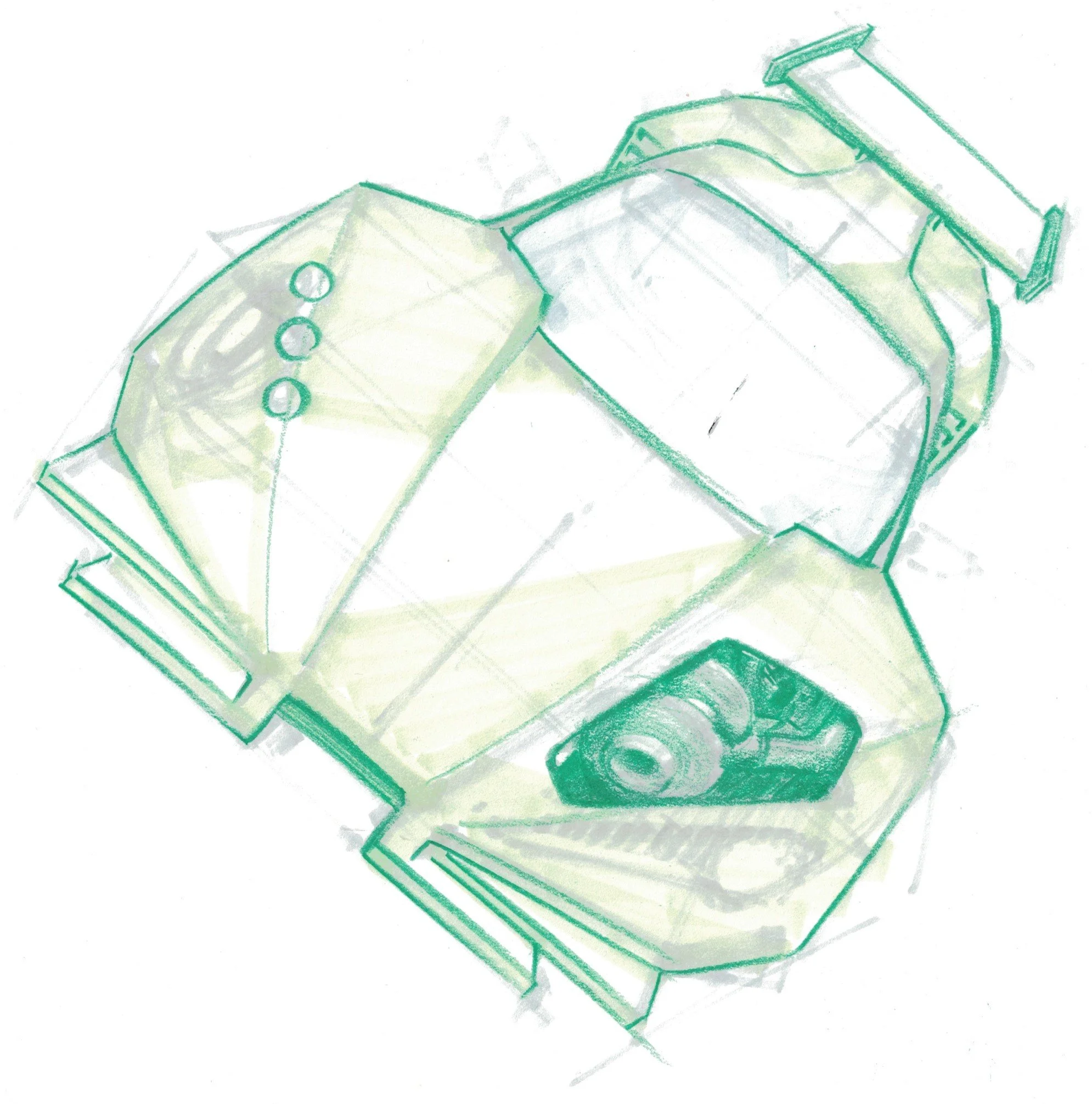 Sketch of a futuristic vehicle or spaceship with a sleek design, detailed panels, and a single alien-like creature or robot in the compartment.