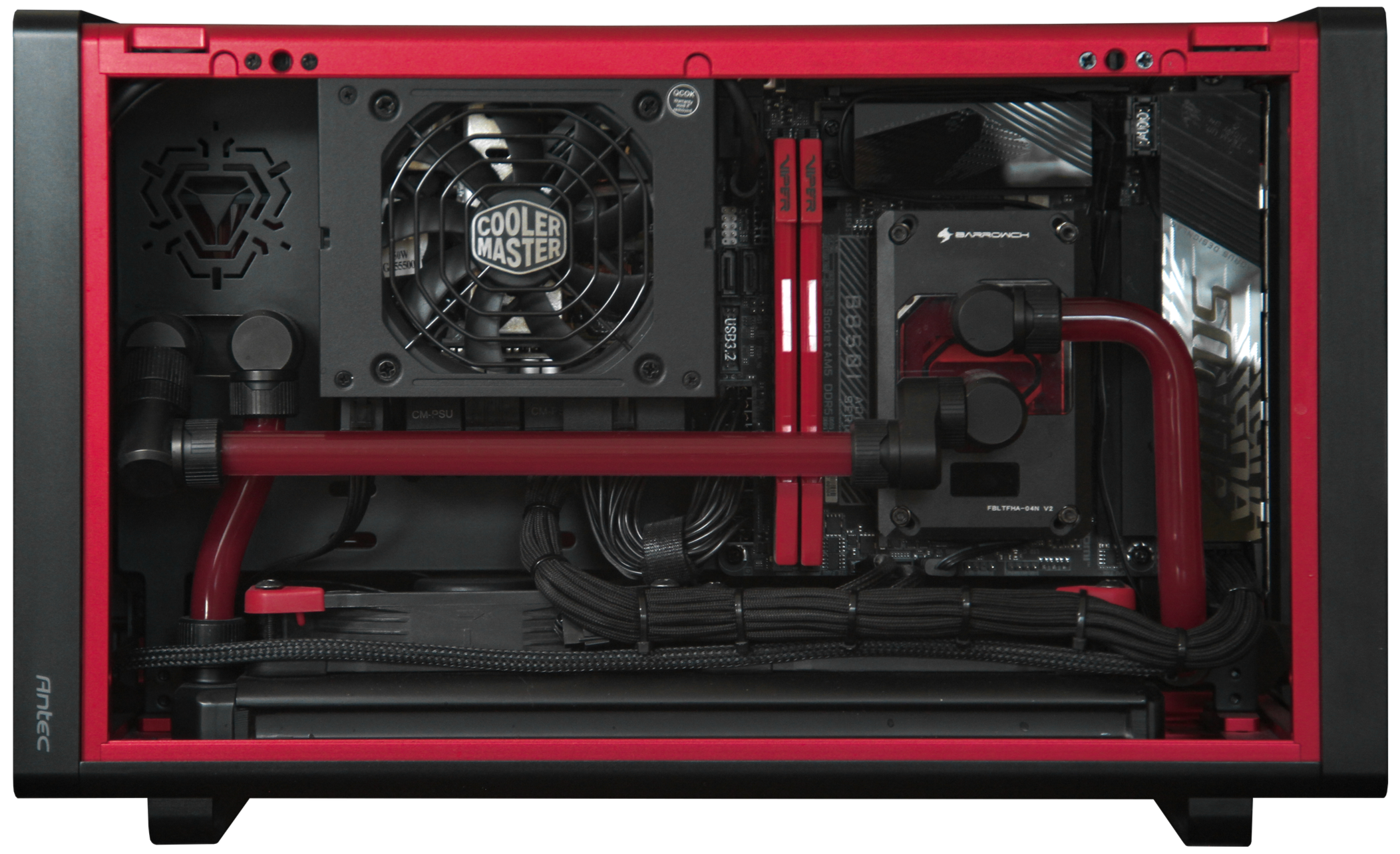 A custom-built gaming or high-performance computer with a red and black color scheme, featuring a liquid cooling system with red tubes, a Cooler Master power supply, an Asus motherboard, and various internal components visible through the transparent side panel.