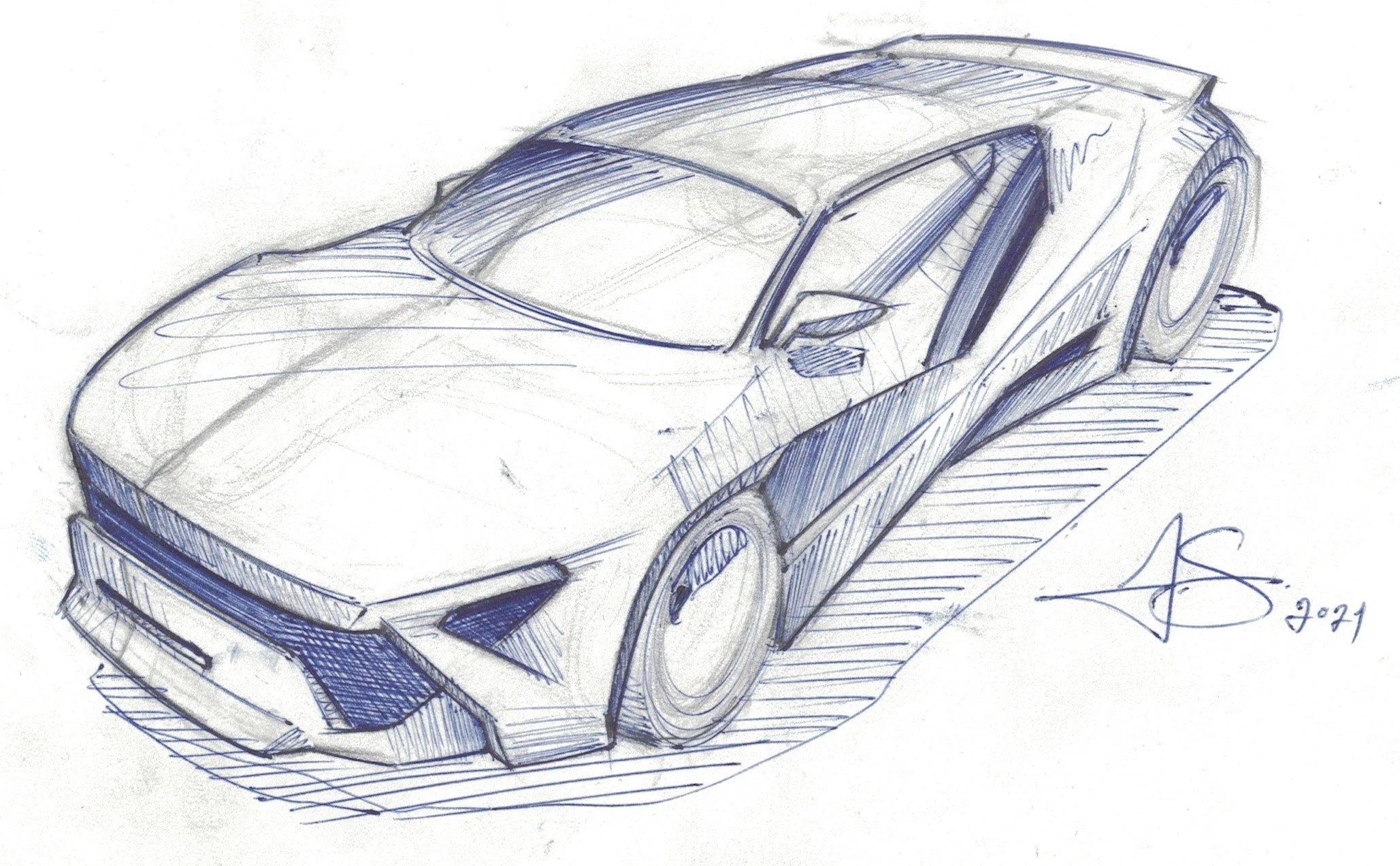 Sketch of a futuristic sports car with sharp angles and aerodynamic design, signed and dated 2021.