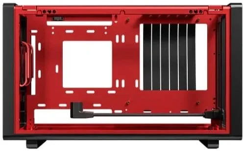 Red electronic enclosure or case with black side panels and a large open interior, including a white square cutout, a black L-shaped component, and a row of vertical black lines on one side.