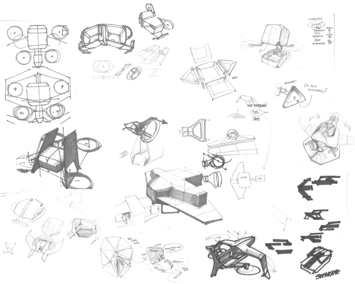 Design sketches for various futuristic vehicles and furniture, including a spaceship, chairs, and robotic components, with annotations and concept notes.