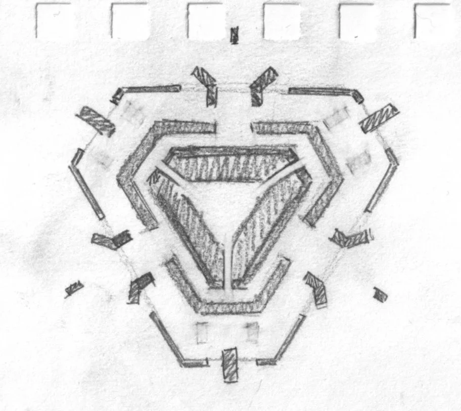 Hand-drawn sketch of a fortress with a star-shaped wall pattern.