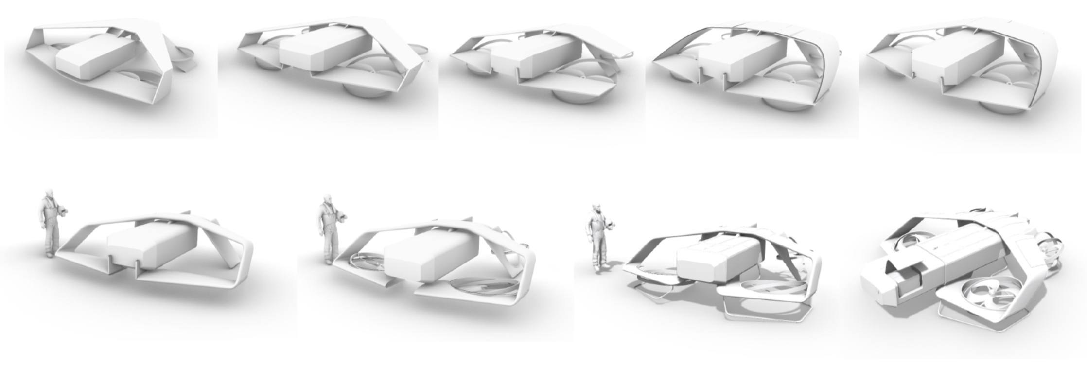 Sequence of images showing the design and assembly process of a futuristic vehicle model, with a person standing next to it for scale.