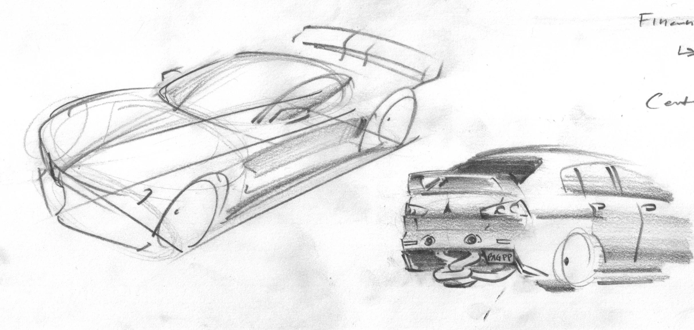 Sketch of a sports car with notes and annotations, showing three different views: a front three-quarter view, a side view, and a rear view with a large rear wing and details like license plate and exhaust.