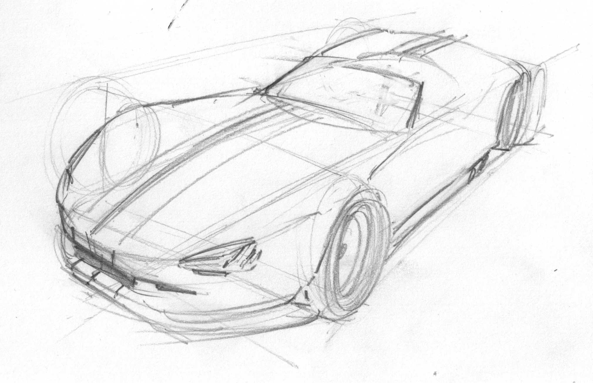 Sketch of a sports car viewed from a front three-quarter angle, showing sleek design and low profile.