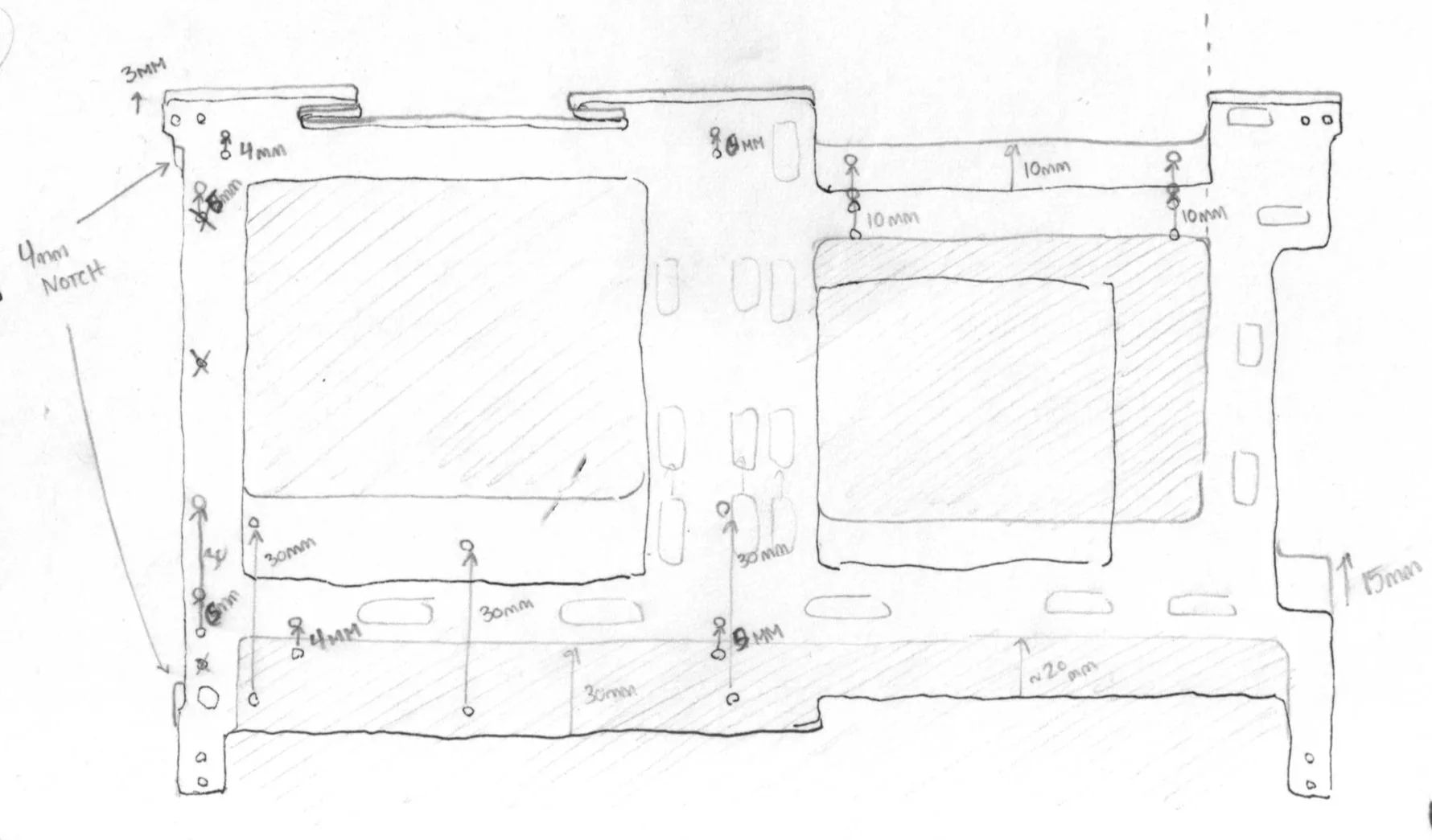 A hand-drawn sketch of a metal or electronic component with various measurements and annotations indicating dimensions in millimeters. The sketch includes noted sections such as '4mm NOTCH' and measurements like 3mm, 8mm, 10mm, 15mm, 20mm, 22mm, and 30mm, with small stick figure icons indicating specific points or features.