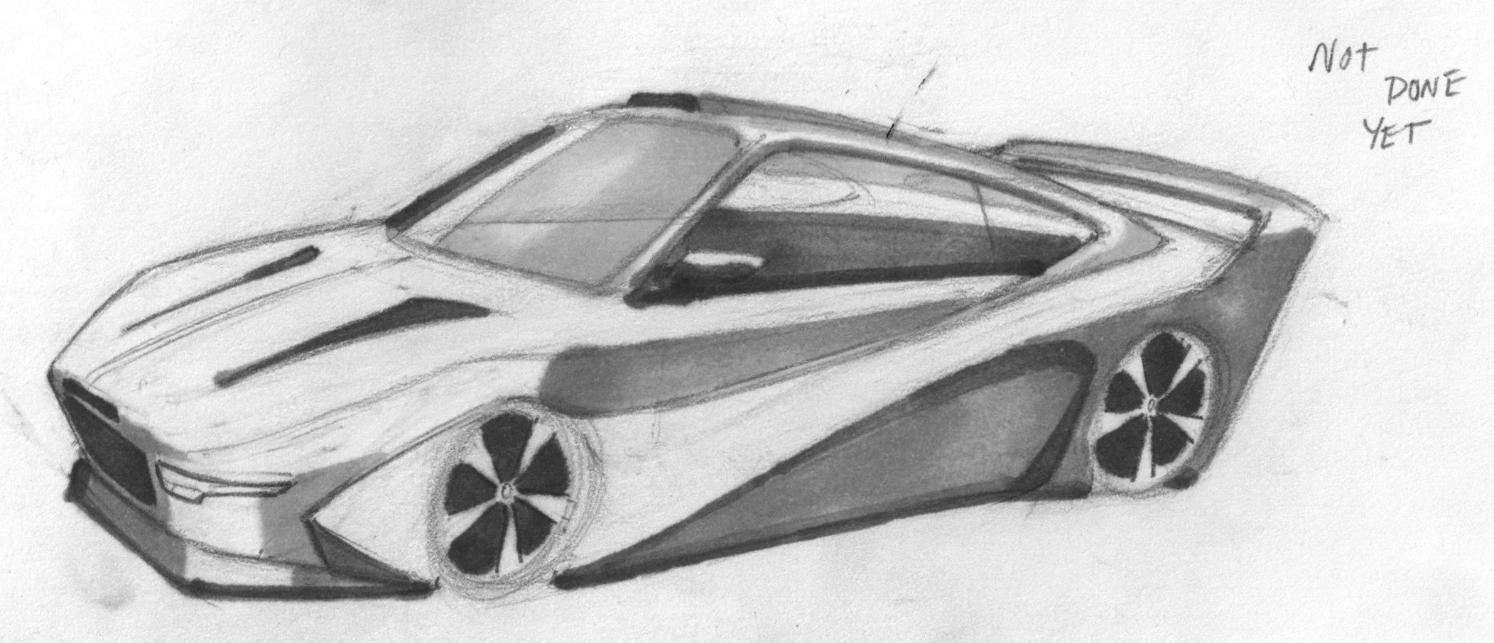 A detailed pencil drawing of a concept sports car with sleek, aerodynamic design, large wheels with distinctive rims, and a note in the corner that says 'Not Done Yet'.