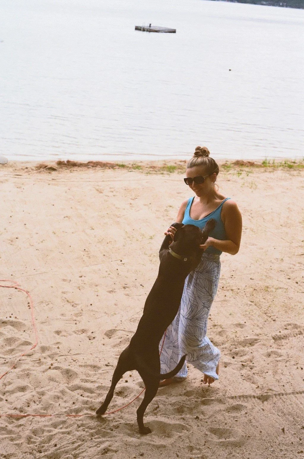 Woman in sunglasses and a blue tank top playing with a black dog on a sandy beach by the water.