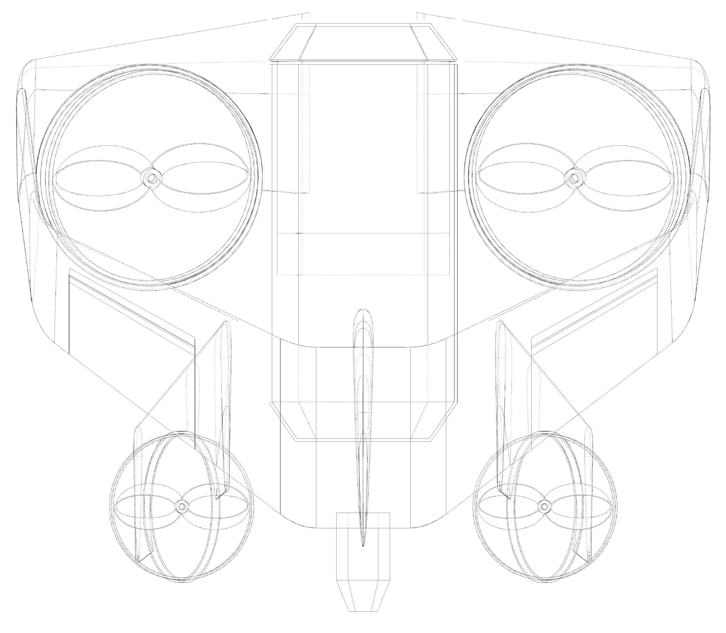 A technical line drawing of a jet aircraft viewed from the front, illustrating the aircraft's fuselage, wings, and four engines.