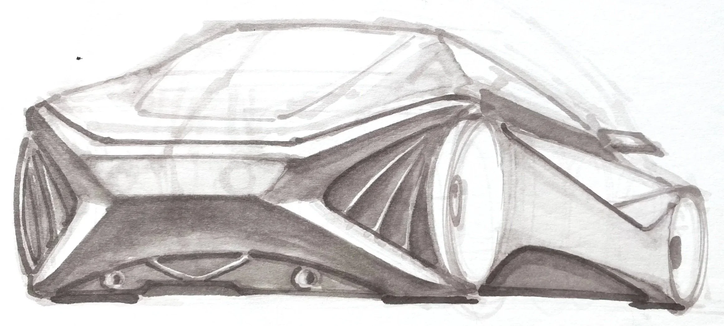 Sketch of a vintage race car in black and white.
