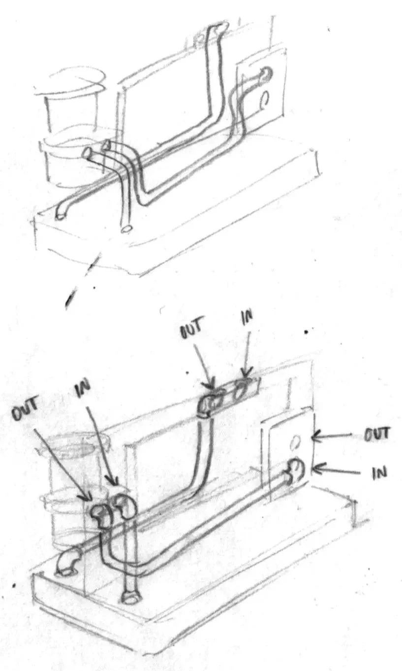 Sketch of a plumbing system with labeled inlets and outlets for water and drainage, including pipes, connections, and a rectangular box.