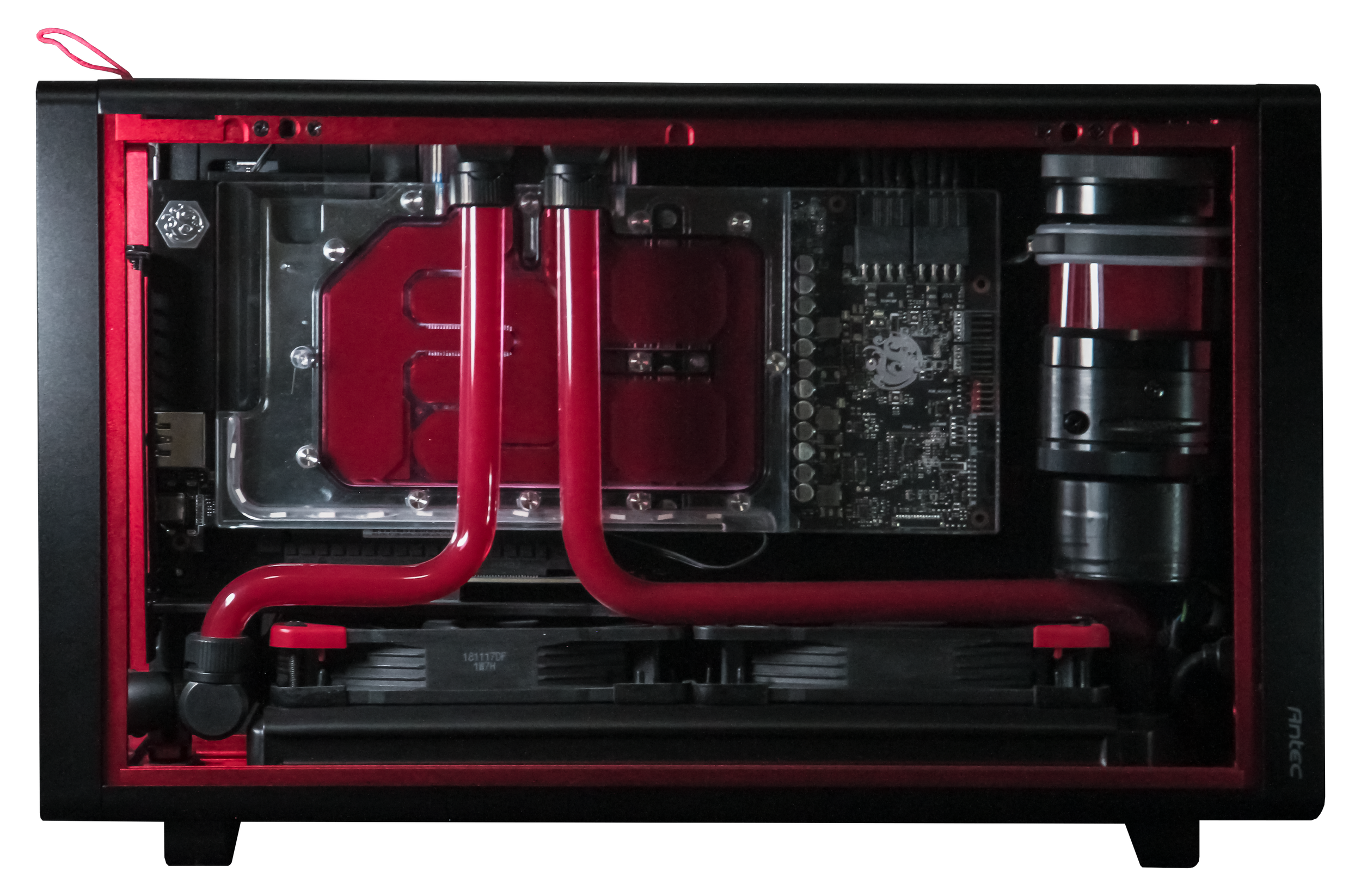 Inside a custom-built computer with a red and black theme, showing water cooling tubes, a graphics card, and a motherboard.