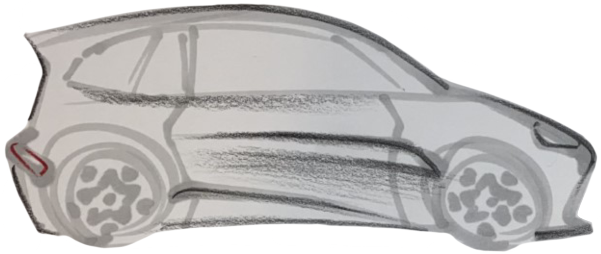 Hand-drawn sketch of a modern SUV car in profile with minimal detail and grayscale shading.