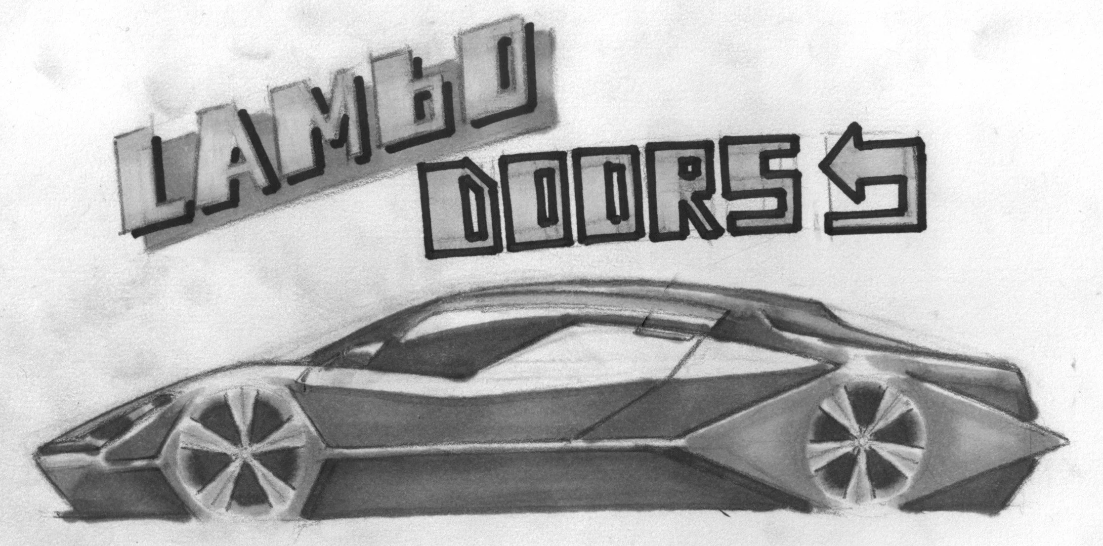 A pencil sketch of a sleek, futuristic sports car with sharp angles and large wheels, positioned below stylized text that reads 'LAMBOL DOORS'.