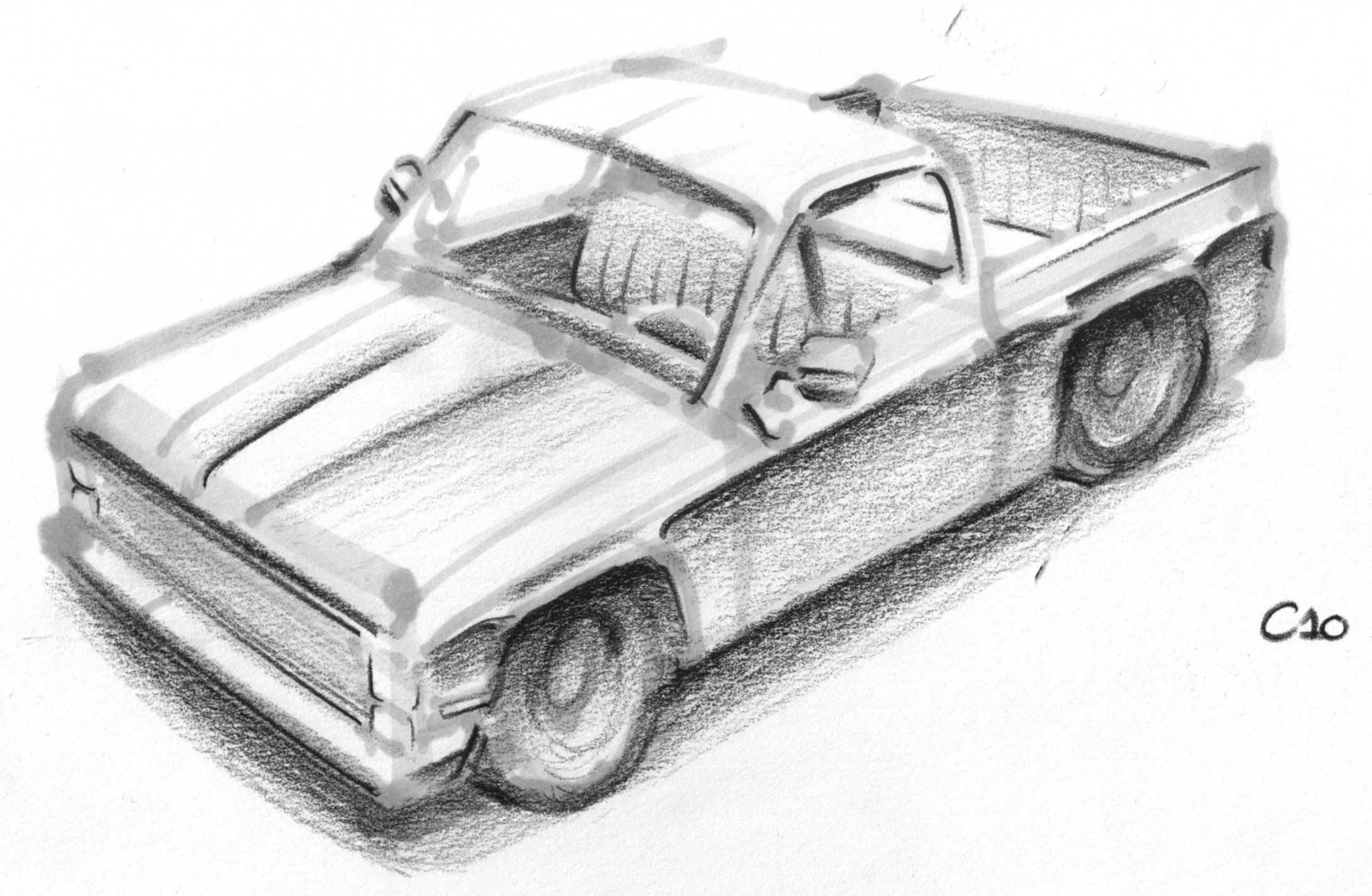 A black and white sketch of a vintage pickup truck viewed from an elevated angle, showing the front and right side, with detailed shading and the signature 'Cao' in the bottom right corner.