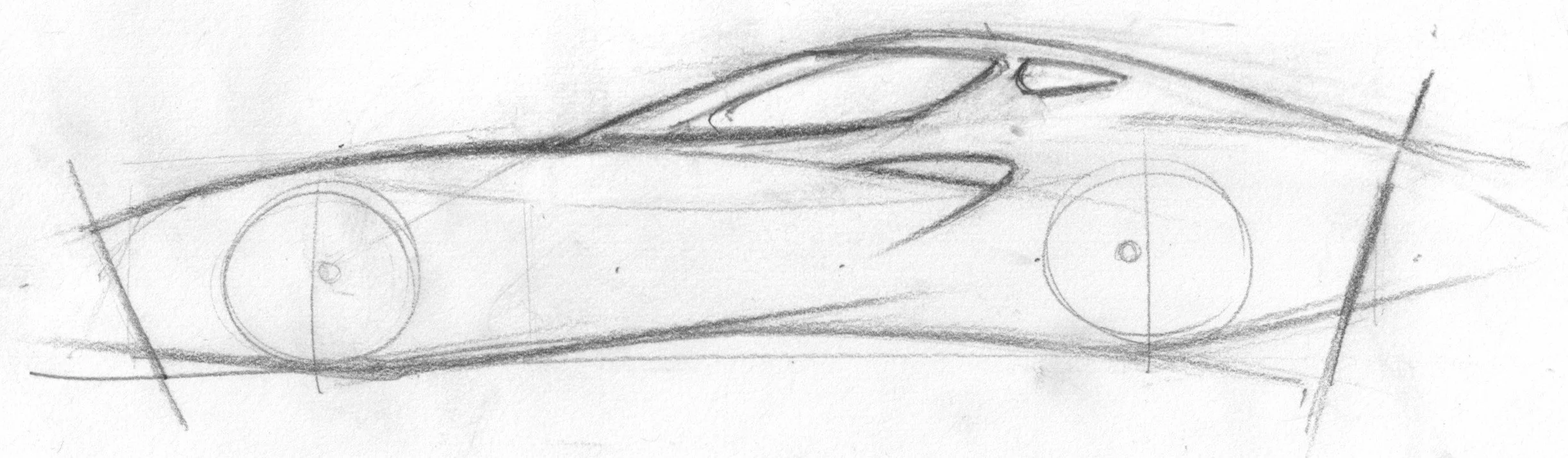 Sketch of a futuristic race car with streamlined design, two circular wheels, and aerodynamic features.