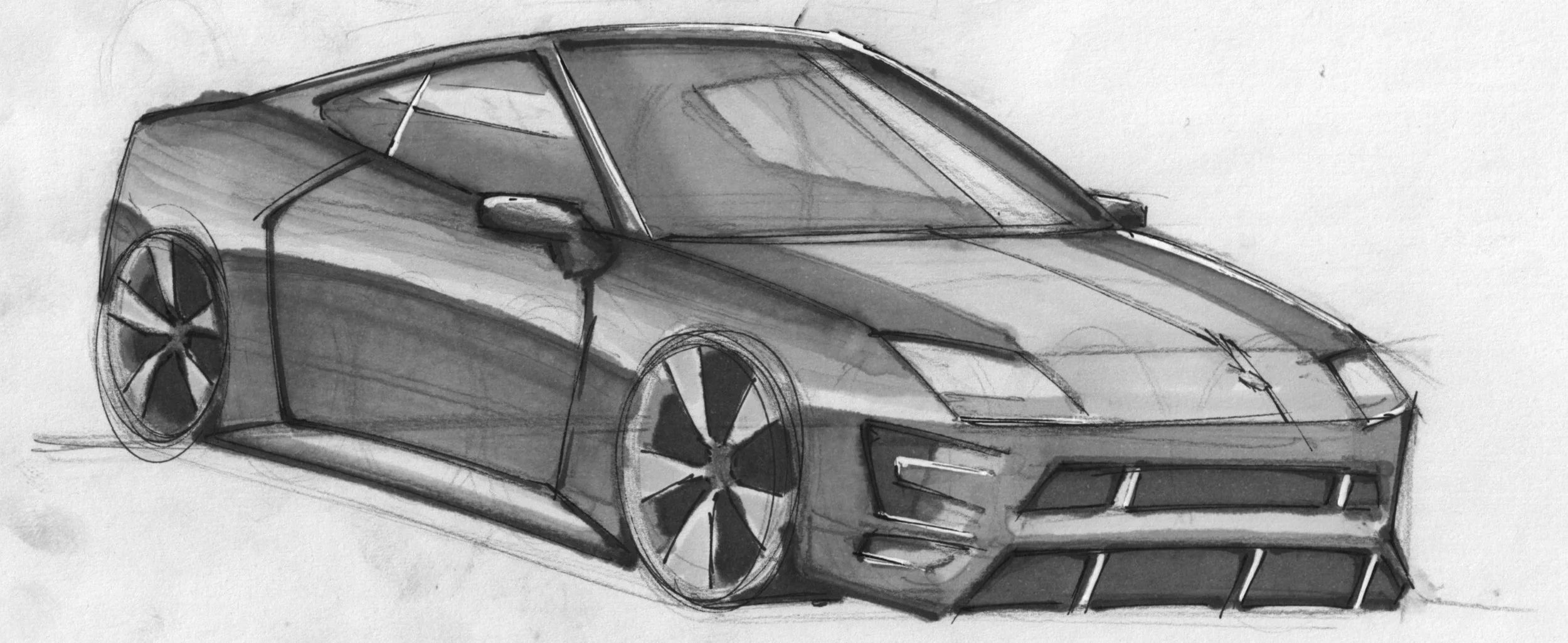 Sketch of a sleek sports car with angular design, low profile, large stylish wheels, and aerodynamic features.