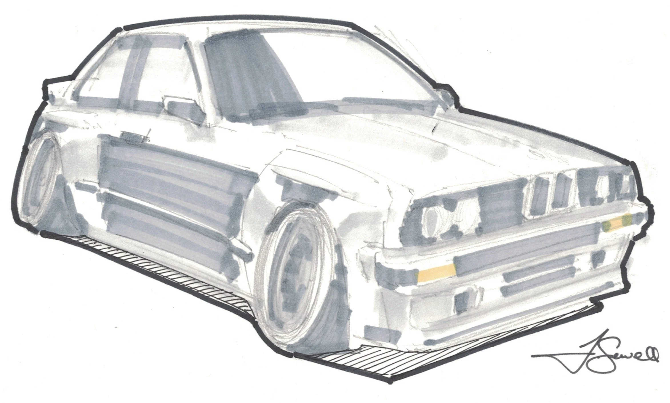 A sketch of a classic sports car from a front three-quarter view, featuring a low stance, wide tires, and detailed front grille, signed by the artist.