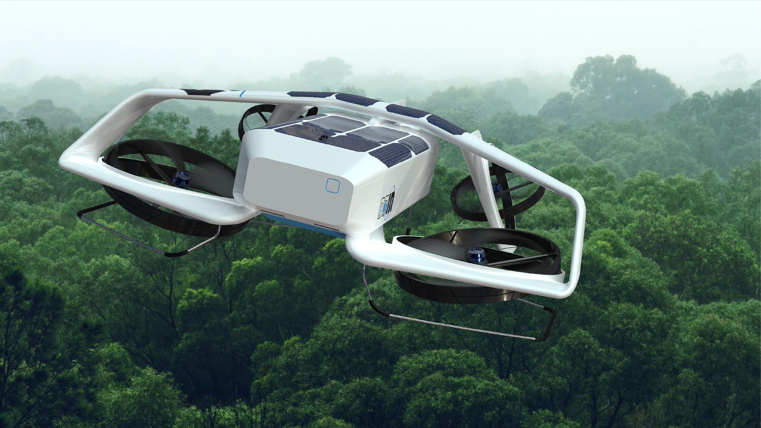A solar-powered drone flying over a dense green forest with fog in the background.