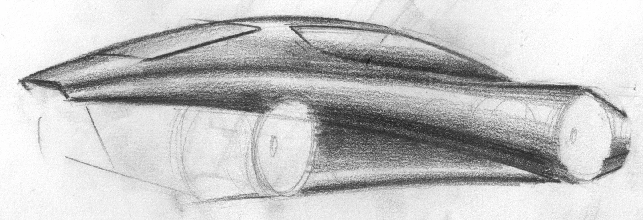Sketch of a sleek, futuristic car with smooth, aerodynamic design and rounded edges.