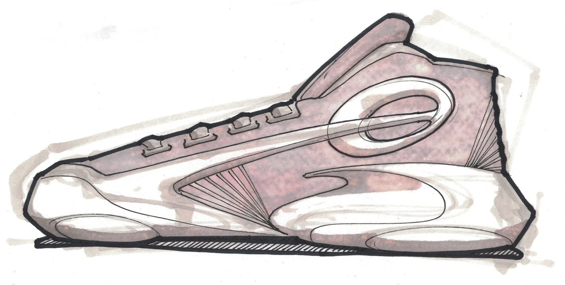 Sketch of a tennis shoe in side view, showing details like the laces, sole, and side design.