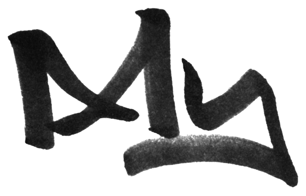 Black graffiti-style tag on white background.