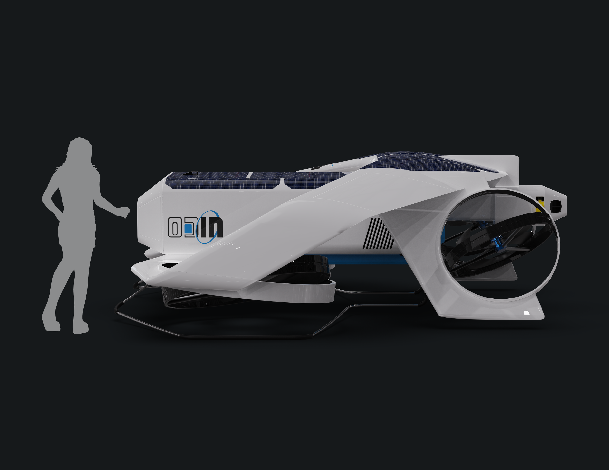 A futuristic white hovercraft with solar panels, designed for one passenger, with a human silhouette for scale, set against a dark background.