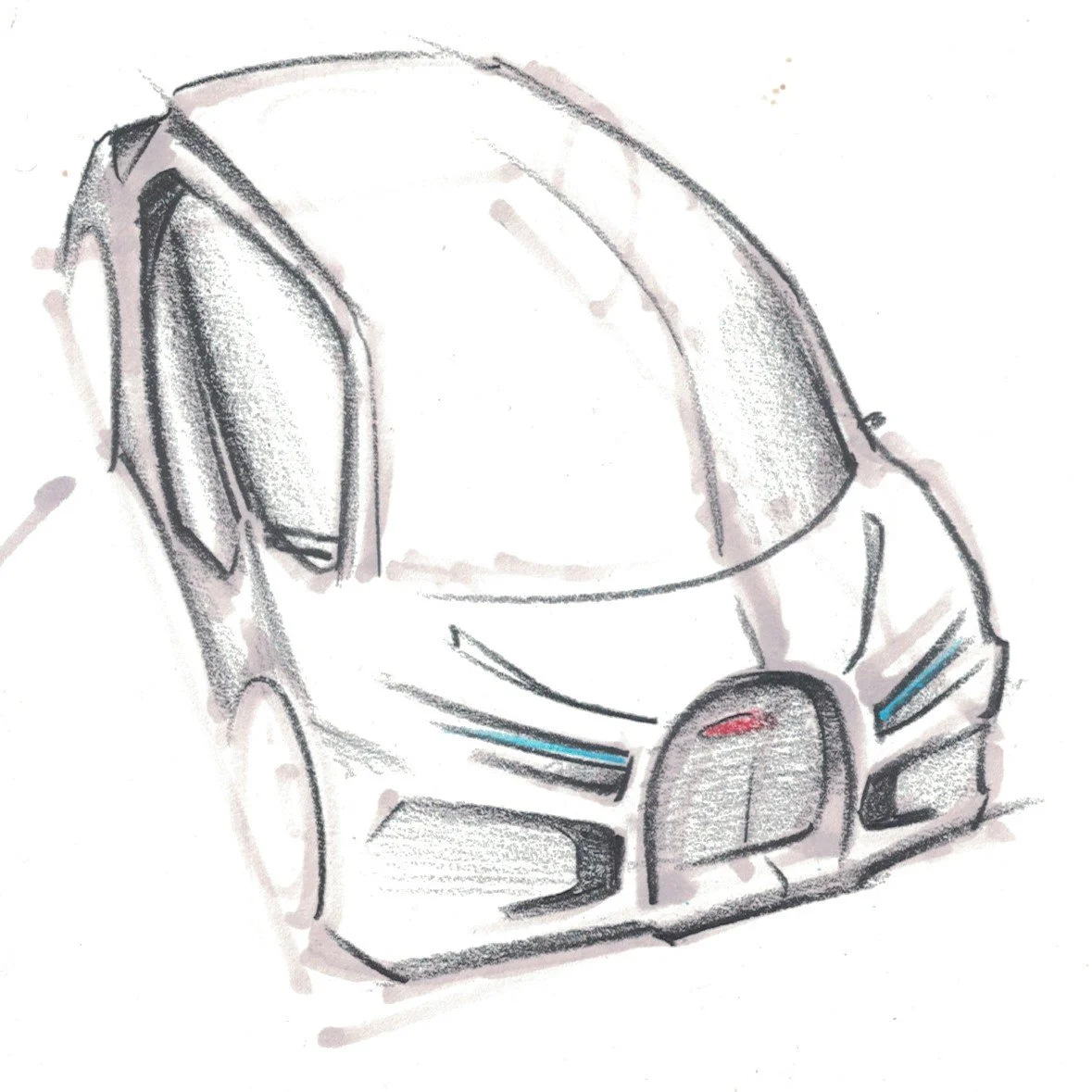 Sketch of a modern, aerodynamic car viewed from the front and slightly above, featuring sleek design lines and prominent front grille.