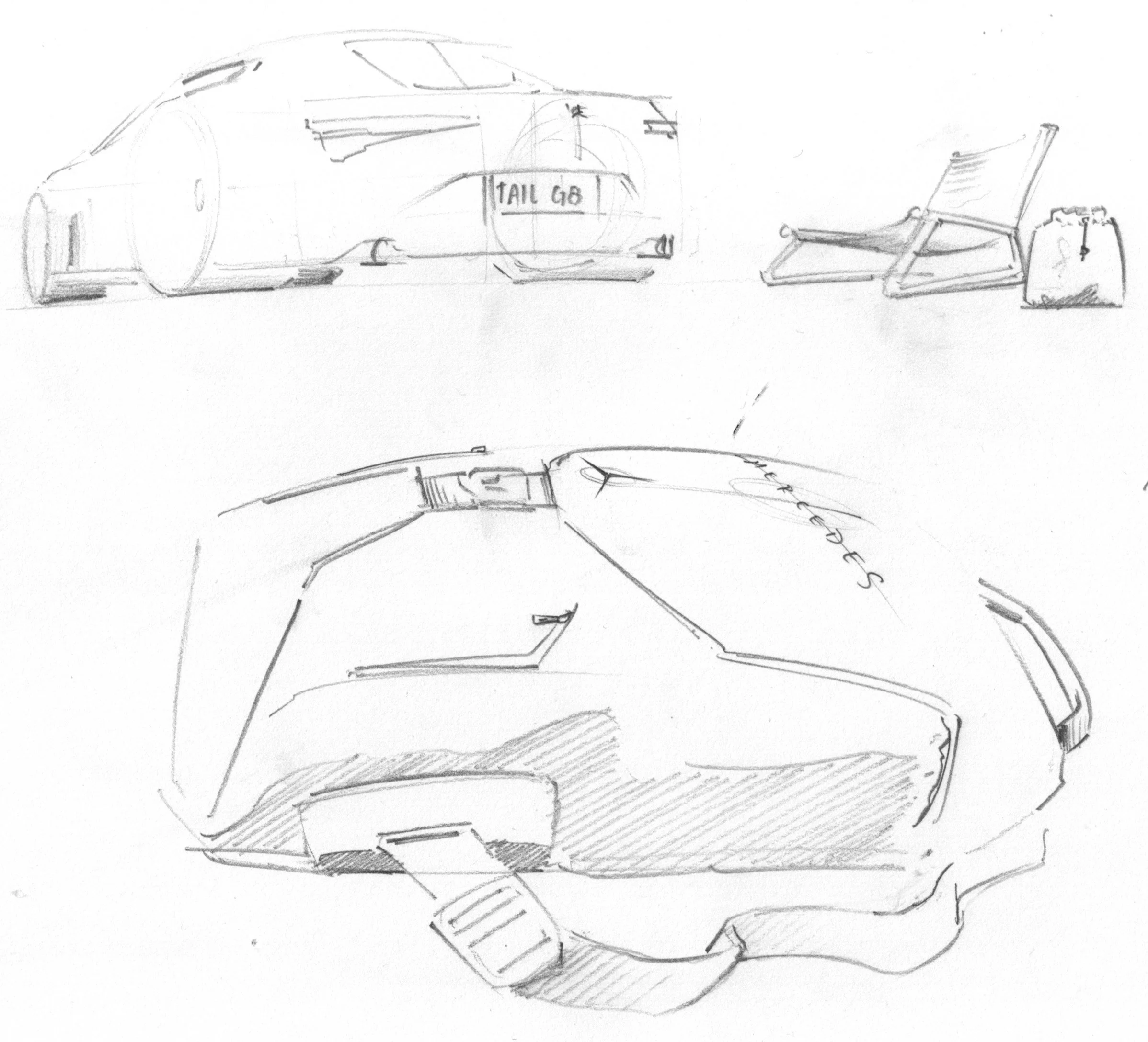 Sketch of a futuristic race car, a lounge chair with a bag, and a close-up of a car dashboard with a steering wheel, pedals, and the word 'HYPERDRIVE' on the dashboard.