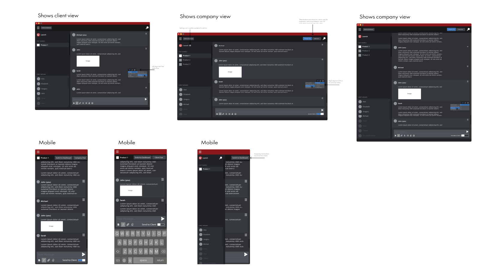 A collage of chat and dashboard user interfaces from a messaging application, showing various screen layouts including desktop and mobile views with chat conversations, navigation menus, and message input fields.