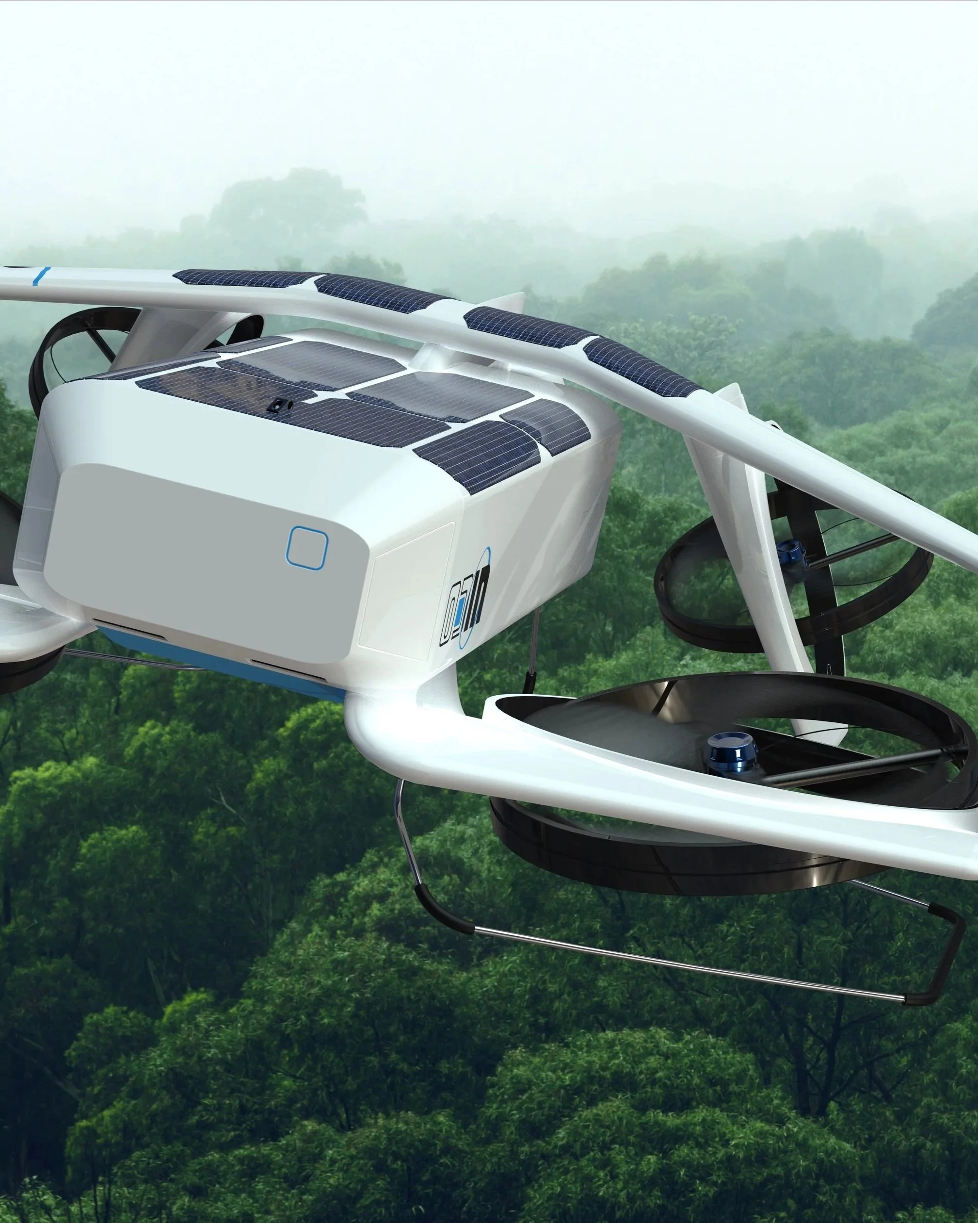Unmanned aerial drone flying over a green forest canopy with multiple solar panels on its body and wings.