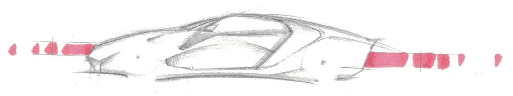 A pencil sketch of a futuristic aircraft or spaceship with red highlights on its wings.
