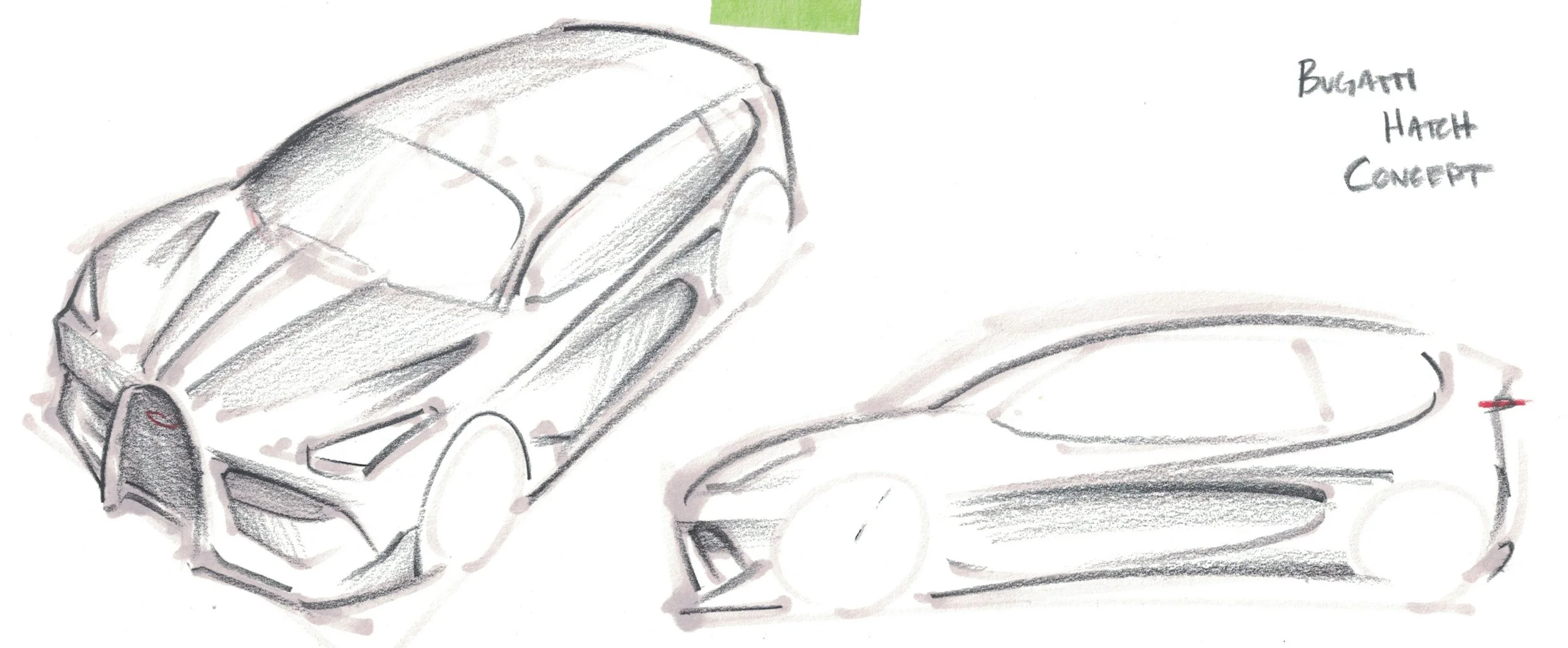 A hand-drawn sketch of a Bugatti hatchback concept car, showing a top view and a side view of the vehicle.