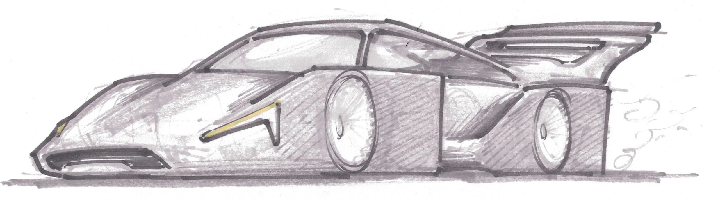 Sketch of a sports car with a sleek, aerodynamic design, large rear wing, and wide tires.